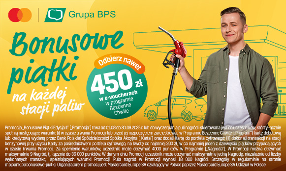 Zdjęcie przedstawia mężczyznę, który trzyma w ręku nalewak do paliwa. Tekst na zdjęciu to hasło akcji Bonusowe Piątki,