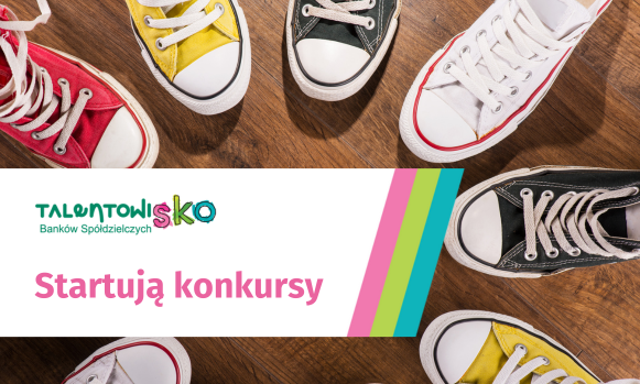 Grafika przedstawia trampki młodzieżowe a na nich naniesione jest logo TalentowiSKO i napis Startuja konkursy 