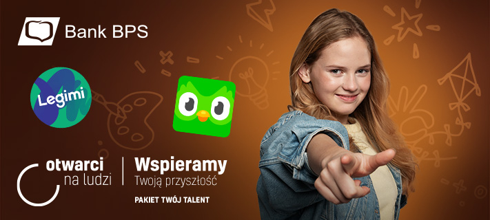 Na zdjęciu jest dziewczynka, logo Banku BPS, logo Duolingo i Legimi oraz hasło Otwarci na ludzi